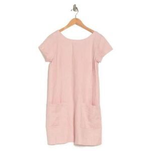 Eileen Fisher 100% Organic Linen Bateau Neck Short Sleeve Patch Pocket Shift Dre